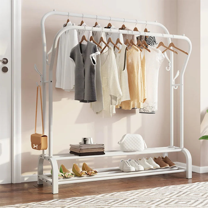 Double-Rail Standing Clothes Rack with Shoe Shelf – Metal Rail for Bedroom & Living Room