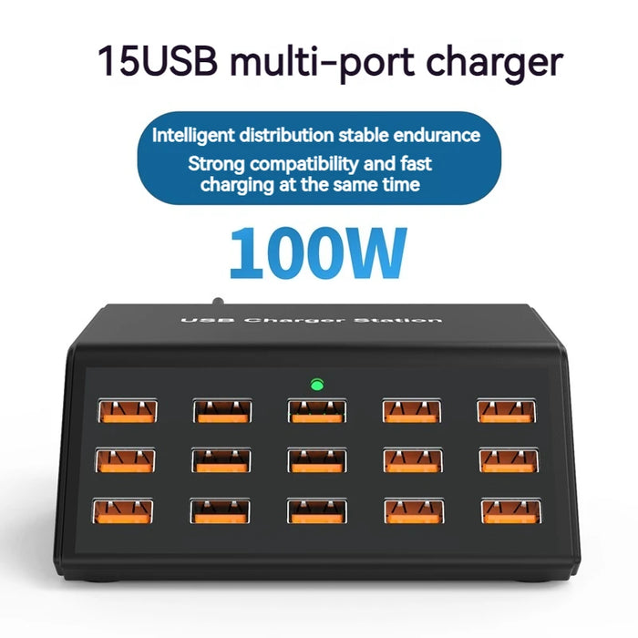 100W 15-Port Desktop USB Charger Station — Fast Charge for iPhone, iPad & Samsung