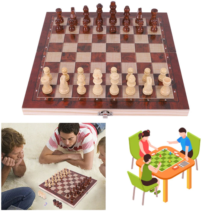 29 x 29 cm Foldable 3‑in‑1 Wooden Chess Set — Chess, Checkers & Backgammon, Non‑toxic