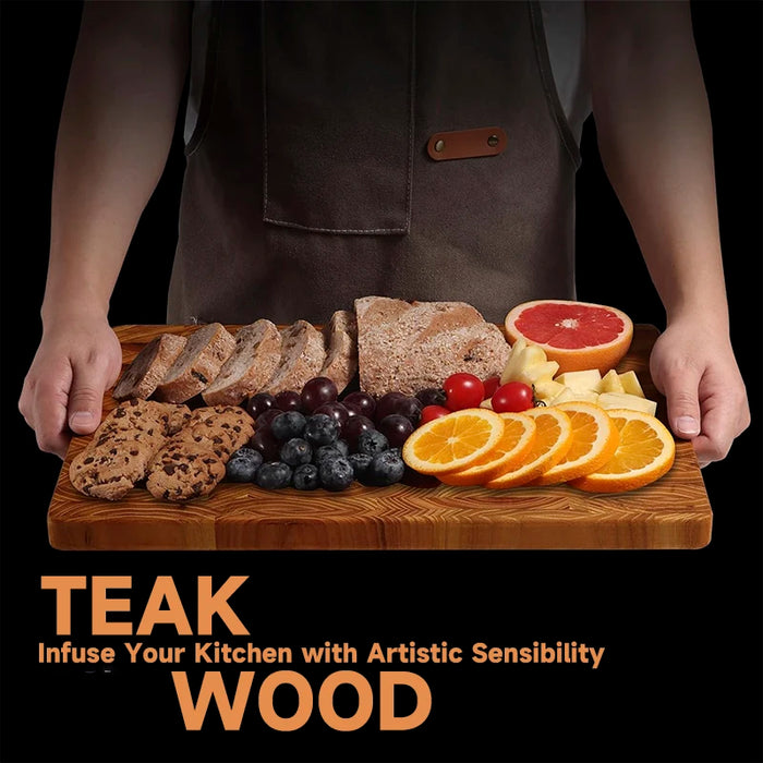Teak End Grain Cutting Board — Large Wooden Chopping & Charcuterie Board with Hidden Handles