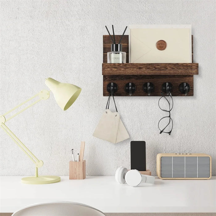 Wall-mounted Key and Mail Shelf with 5 Hooks - Wooden Entryway Rack