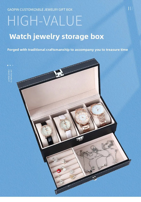 4‑Position Double‑Layer PU Leather Jewellery & Watch Storage Box