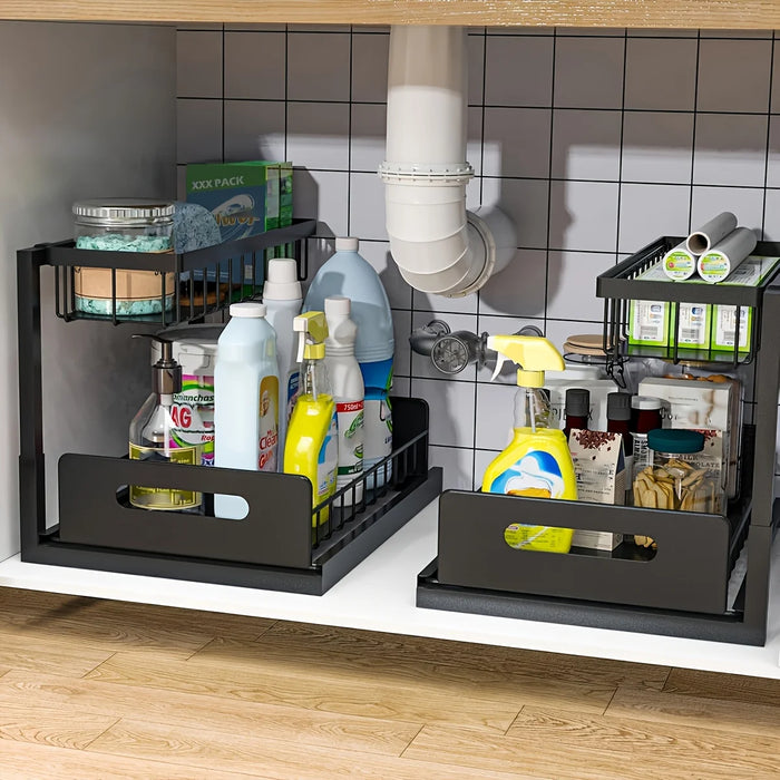 Under-Sink Sliding Drawer Organiser — Metal Pull-Out Shelves for Kitchen, Bathroom & Garage
