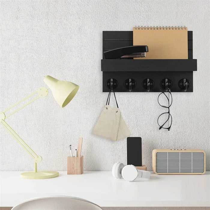 Wall-mounted Key and Mail Shelf with 5 Hooks - Wooden Entryway Rack