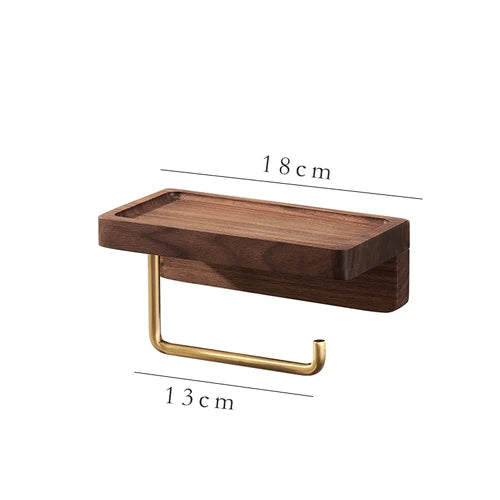 Wall-Mounted Toilet Roll Holder with Shelf — Brass & Wood, Stainless Steel