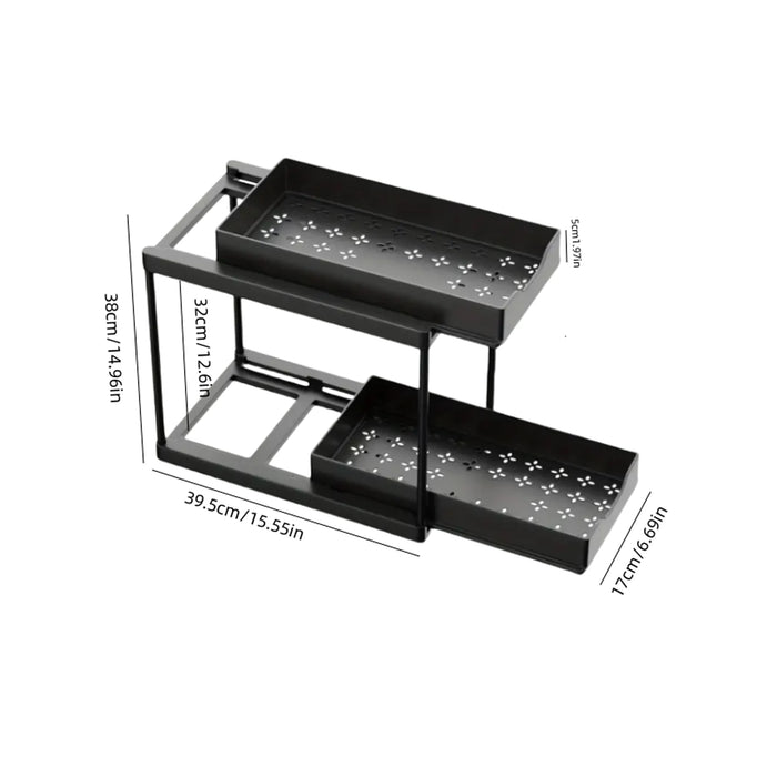 Double-Layer Pull-Out Storage Rack with 5 Hooks — PP Drawer Organiser for Kitchen & Bathroom