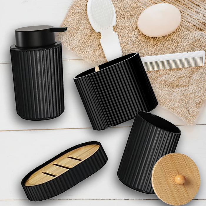 Black 4-Piece Bathroom Accessory Set – Foam Dispenser, Toothbrush Holder, Cotton Box & Soap Dish