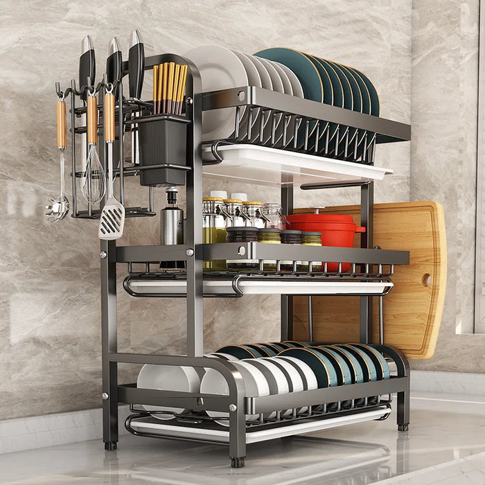 2/3-Tier Stainless Steel Dish Rack with Utensil Holder — Compact Rustproof Countertop Drainer