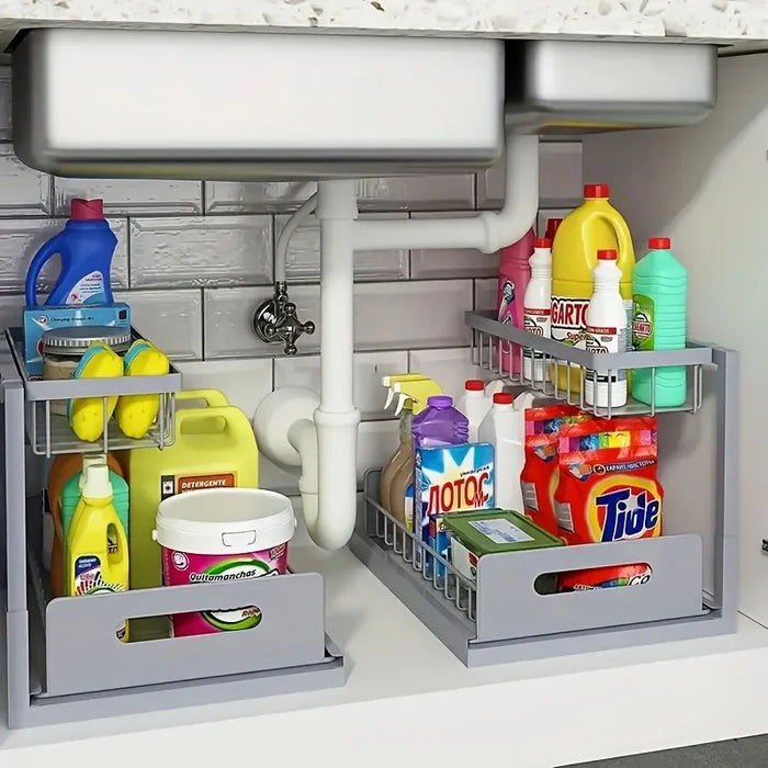 Double-Layer Sliding Under-Sink Shelf – Pull-Out Cabinet Storage for Kitchen & Bathroom
