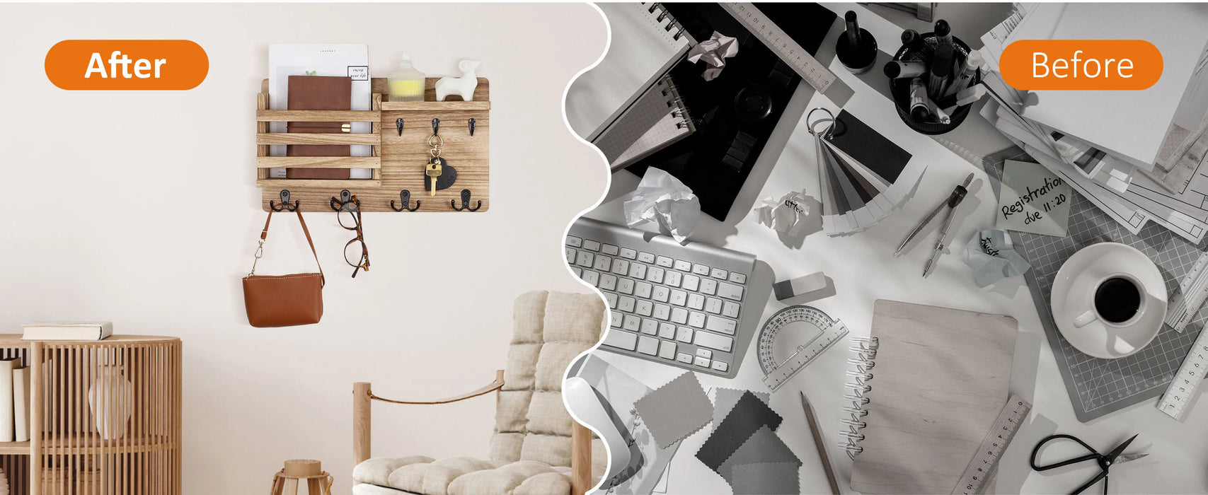 Rustic Wall-Mounted Mail Organiser with Key Hooks & Floating Shelf