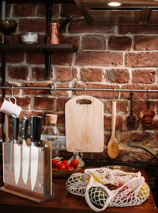 Double‑Sided Magnetic Knife Block with Acrylic Shield — Acacia Wood