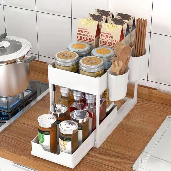 Double-Layer Pull-Out Storage Rack with 5 Hooks — PP Drawer Organiser for Kitchen & Bathroom