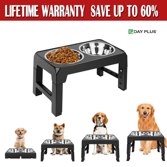 Dayplus Height-Adjustable Raised Dog Bowl – 2×1200ml Stainless Steel, 4 Heights (Black)