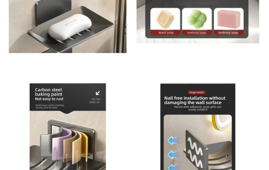 No-Drill Wall-Mounted Space Aluminium Soap Rack — Single or 3-Pack, Black/Grey/White