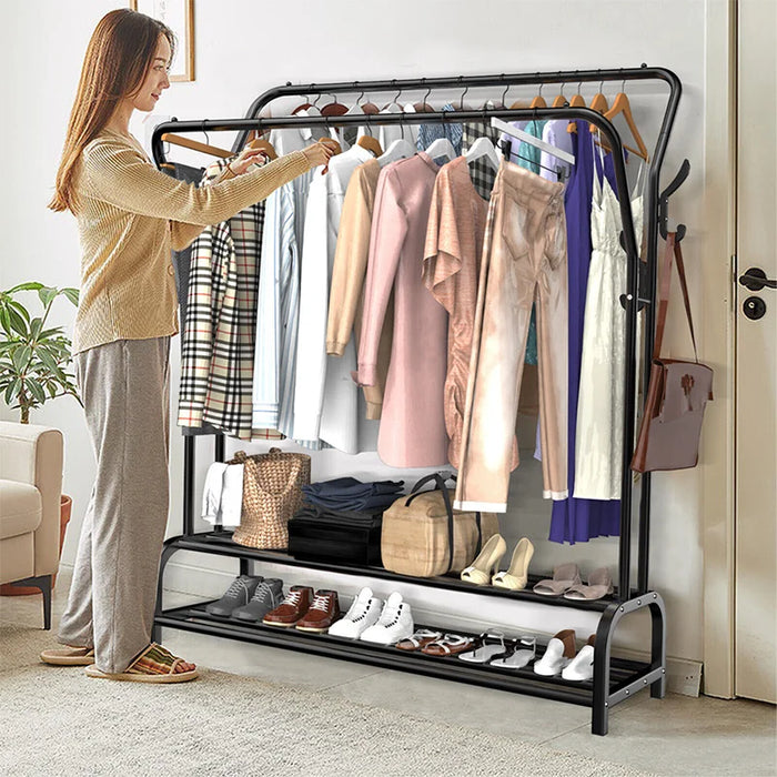 Double-Rail Standing Clothes Rack with Shoe Shelf – Metal Rail for Bedroom & Living Room