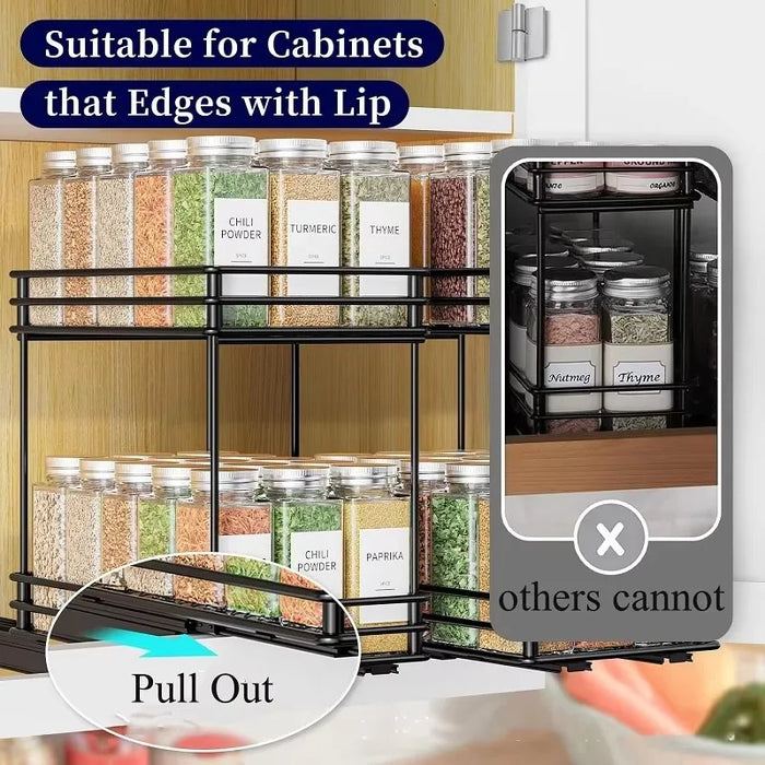 2-Tier Pull-Out Steel Spice Rack – Heavy-Duty Dual-Slide Cabinet Organiser