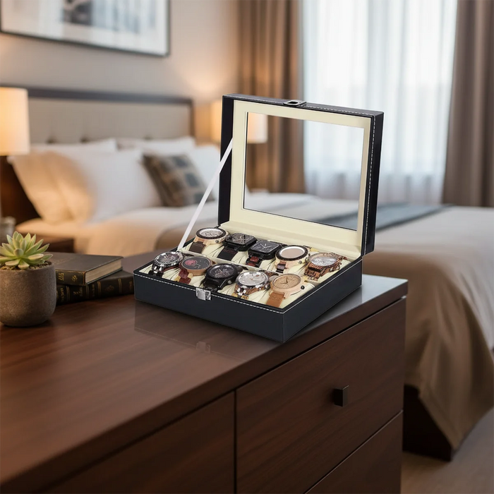 12-Slot Watch Box — Grey PU Leather with Clear Window & Velvet Lining