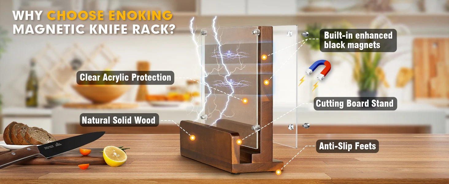 Double‑Sided Magnetic Knife Block with Acrylic Shield — Acacia Wood