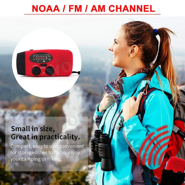 Mini Solar Crank Radio — AM/FM & 7‑Channel NOAA, USB Phone Charger, 3‑LED Torch, Waterproof