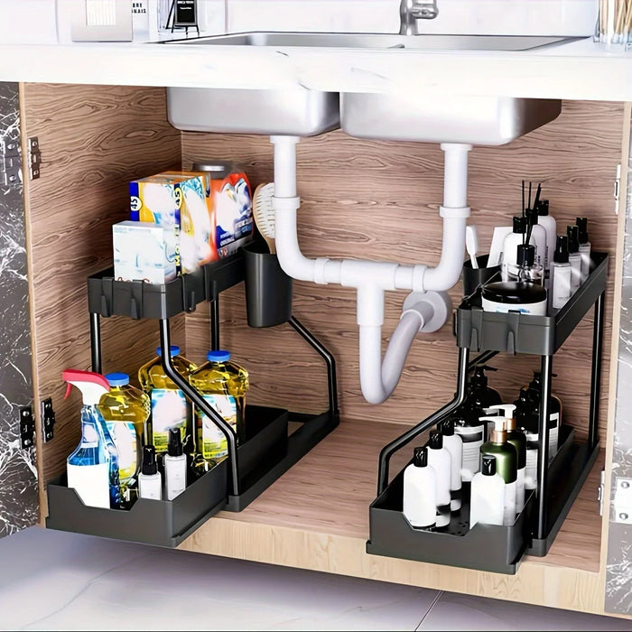 2-Tier Pull-Out Drawer Organiser — Foldable Plastic Storage for Kitchen & Bathroom