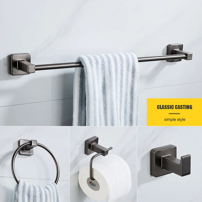 Gun Grey Bathroom Hardware Set — Towel Bar, Paper Holder, Ring & Hook