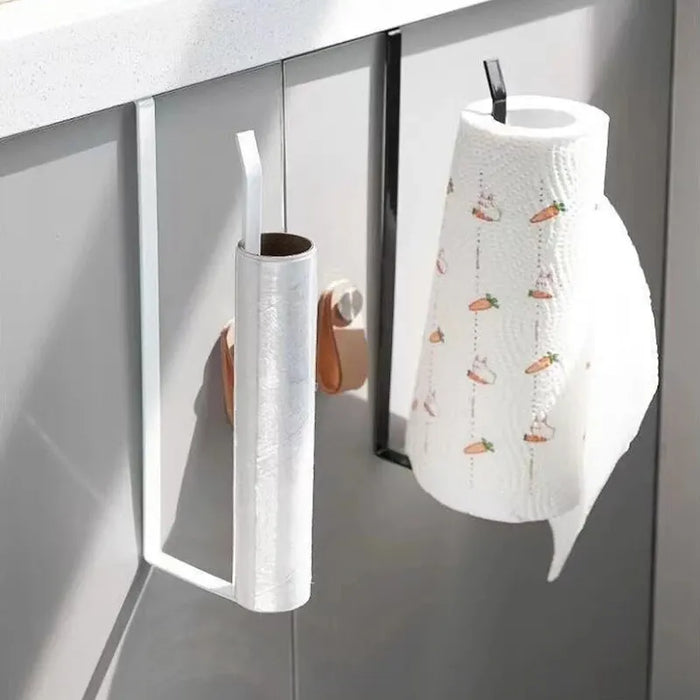 Under-Cabinet Paper Roll Holder – No‑Drill Towel & Cling Film Rack (White/Black)