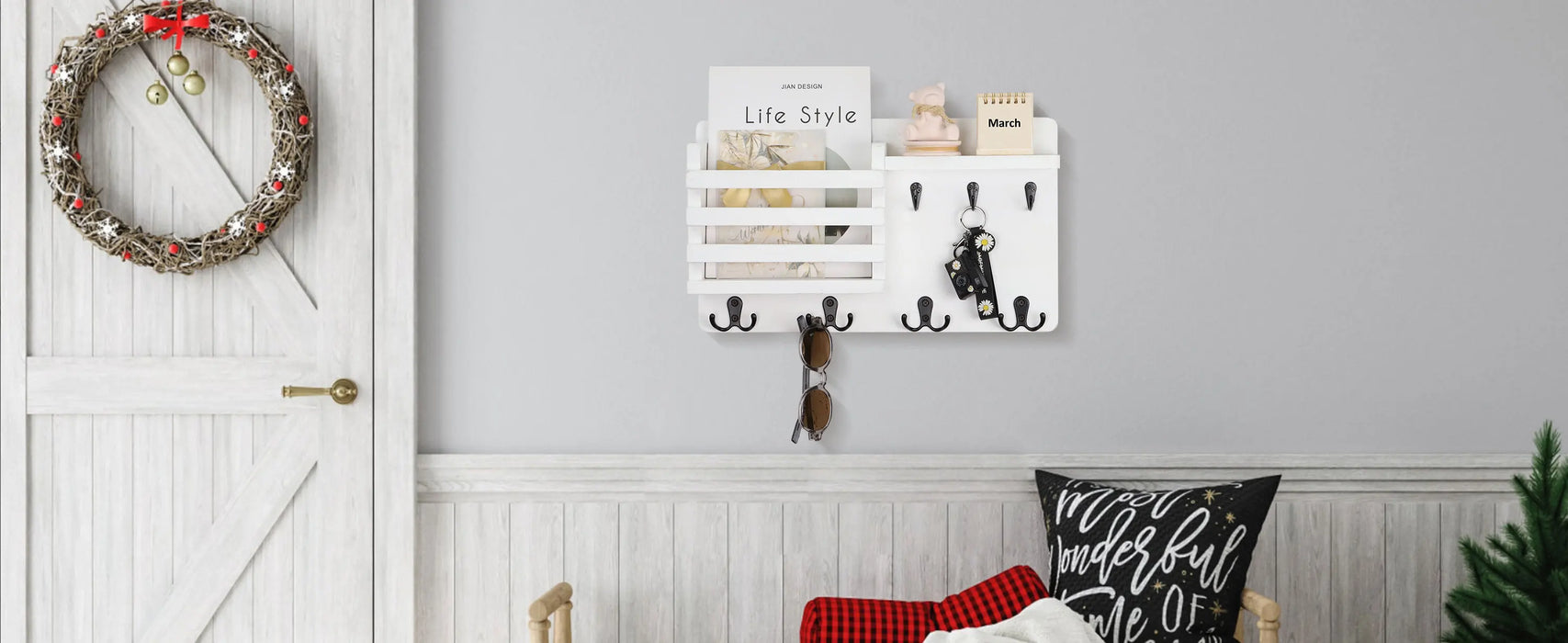 Rustic Wall-Mounted Mail Organiser with Key Hooks & Floating Shelf