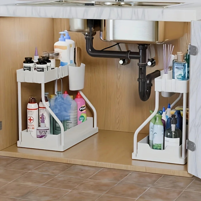 2-Tier Pull-Out Drawer Organiser — Foldable Plastic Storage for Kitchen & Bathroom