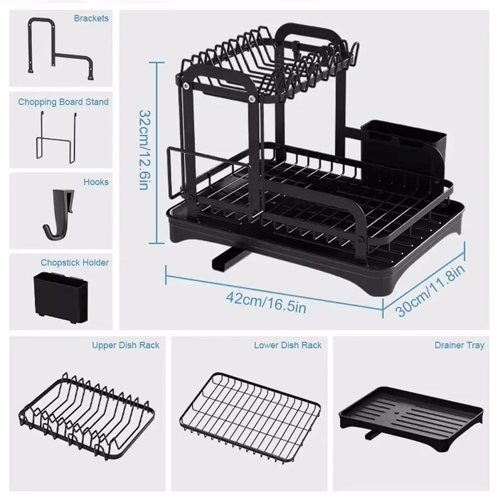 2-Tier Wrought Iron Dish Drainer with 360° Drainage & Drainboard