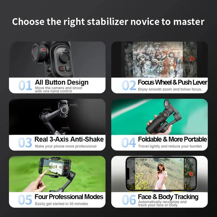 3-Axis Handheld Gimbal Stabiliser SmartXE — AI Face Tracking for iPhone & Android