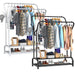 Double Rail Standing Clothes Rack with Mesh & Bottom Shelves — White or Black