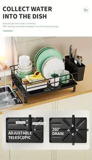 Rustproof 1-Tier Dish Drying Rack with Utensil Holder & Drain Board — Countertop Organiser (Black)