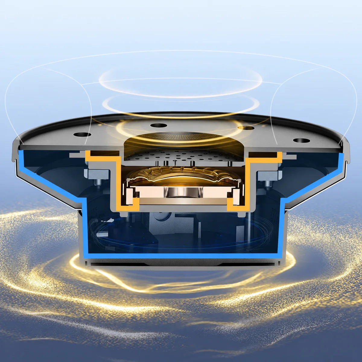 Querschnitt der ursprünglichen Treiberillustration mit getrennten blauen äußeren und goldenen inneren Schallkammern
