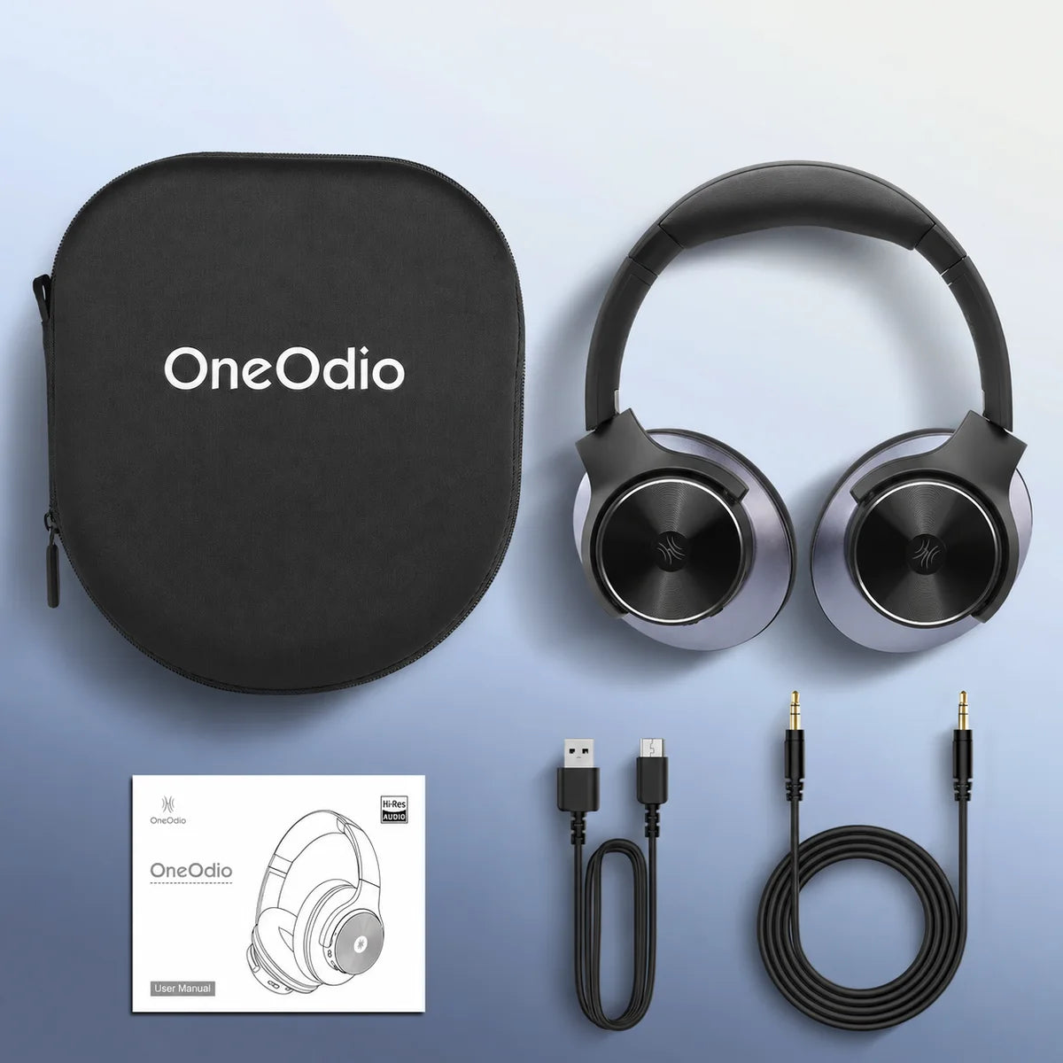 Originalzubehör: Kopfhörer, OneOdio-EVA-Tragetasche, USB-C-Kabel, 3,5-mm-Kabel und Benutzerhandbuch