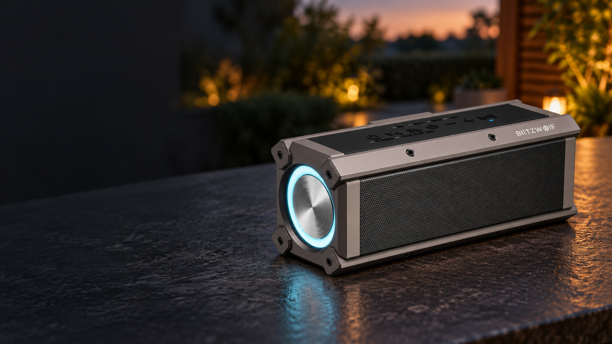 Enceinte BlitzWolf BW-WA3 sur une table en extérieur au crépuscule