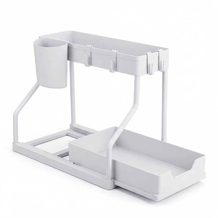 2-Tier Pull-Out Drawer Organiser — Foldable Plastic Storage for Kitchen & Bathroom