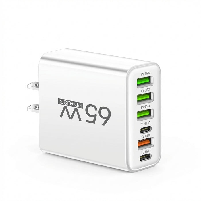 65W 6-Port USB PD Charger – 2x USB‑C PD + 4x USB Fast Wall Charger (EU/US)