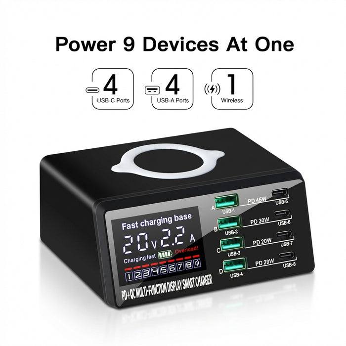 110W 8-Port USB Charging Station — 45W PD USB-C, QC3.0 & 15W Wireless (GaN)