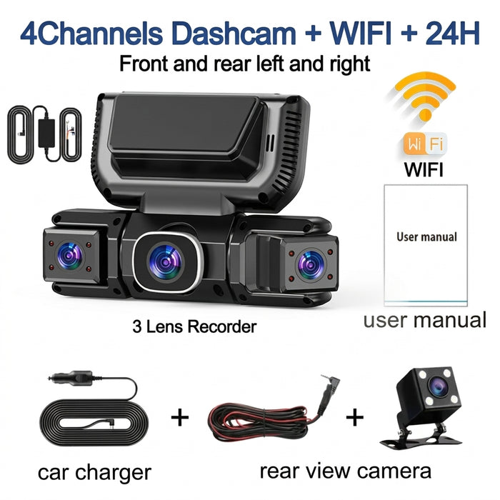 4‑Channel 1080p Wi‑Fi Dash Cam — Front, Rear, Left & Right with 24‑Hour Parking Monitor