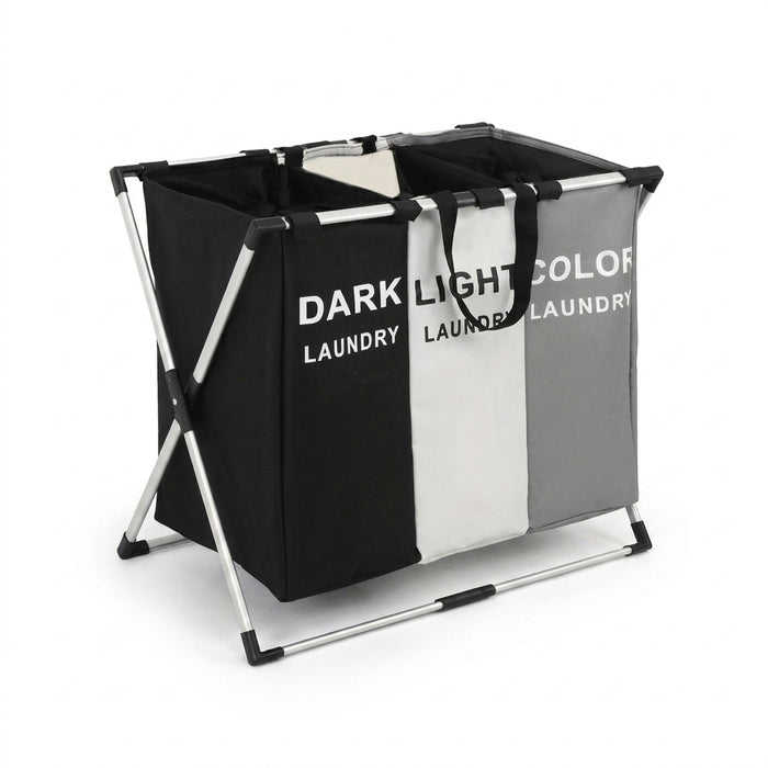 Foldable Laundry Basket with Aluminium Frame & 600D Oxford Fabric — 3‑Grid Large Capacity