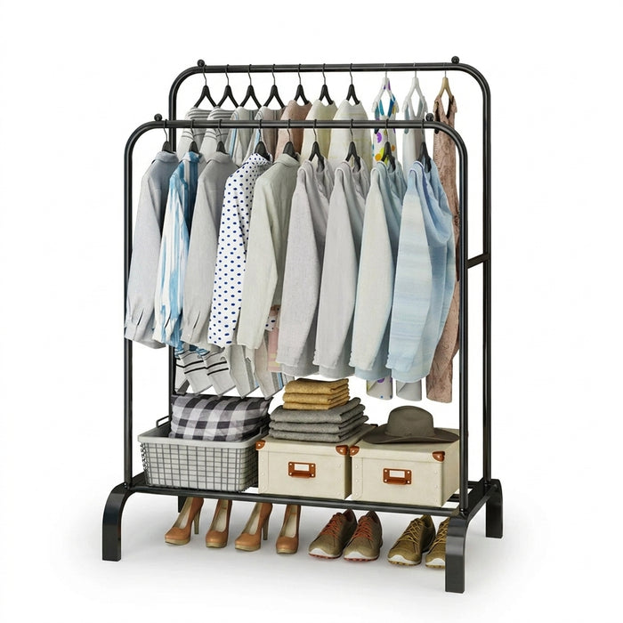Double-Rail Standing Clothes Rack with Shoe Shelf – Metal Rail for Bedroom & Living Room