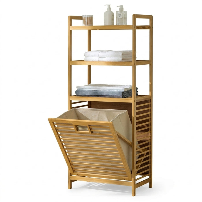 3/4-Tier Bamboo Laundry Hamper & Bathroom Rack with Pull-Out Shelves