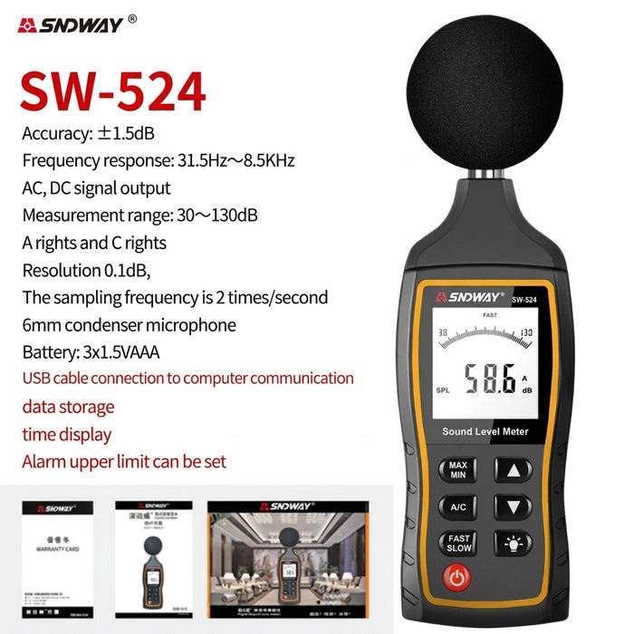 SW-523 / SW-524 Digital Sound Level Meter (30–130 dB) Handheld Noise Meter