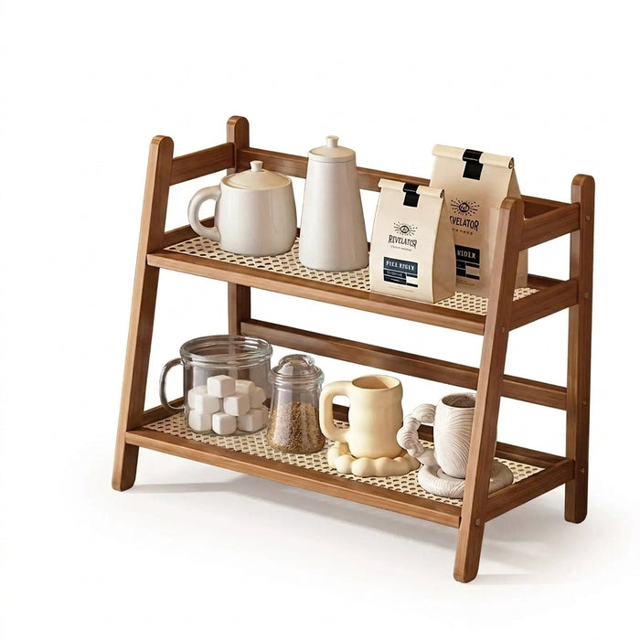 2-Tier Wicker-Look Coffee Station Organizer — Bamboo-Style Mug Holder for Countertop