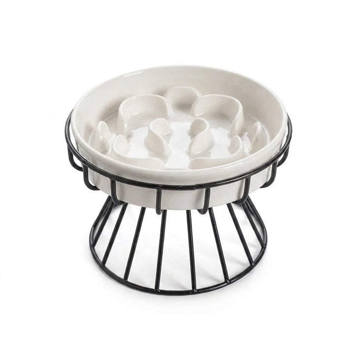 Elevated Ceramic Slow Feeder Bowl — Anti‑Choking Maze with Iron Stand