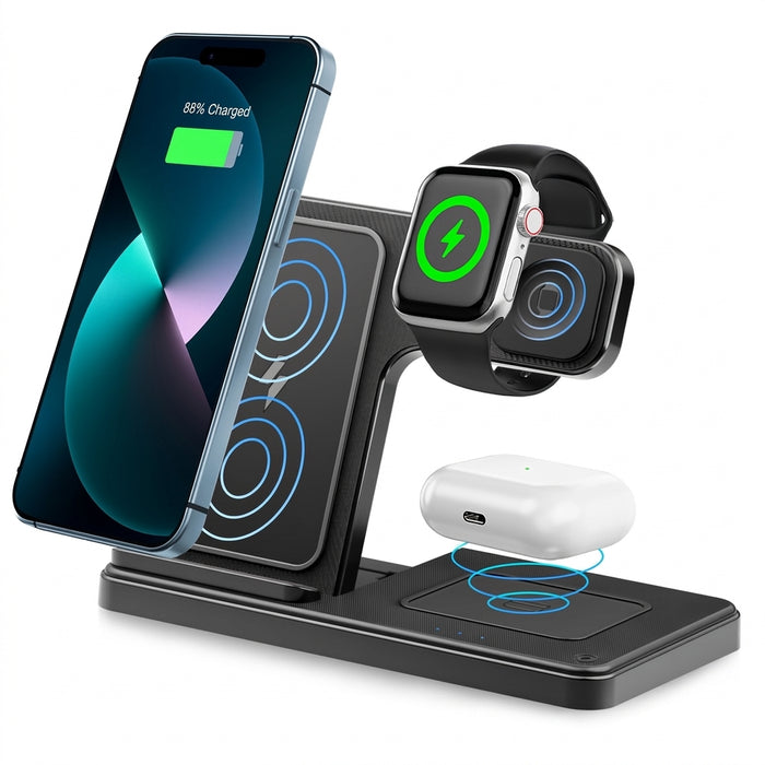 3-in-1 Magnetic Wireless Charger Stand — 15W Fast Charging Dock for iPhone 15/14/13, Apple Watch & AirPods