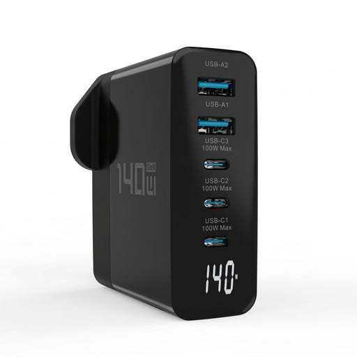 140W 5‑Port GaN USB‑C Charger with Display — Up to 100W Laptop Power, Quick Charge