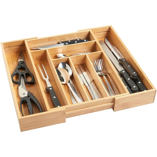 Expandable Bamboo Cutlery Tray – 6–8 Compartment Drawer Organiser (32–52cm)