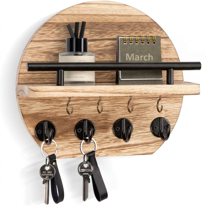 Wooden Wall-Mounted Key & Mail Holder with 8 Key Hooks and Shelf for Sunglasses & Dog Lead