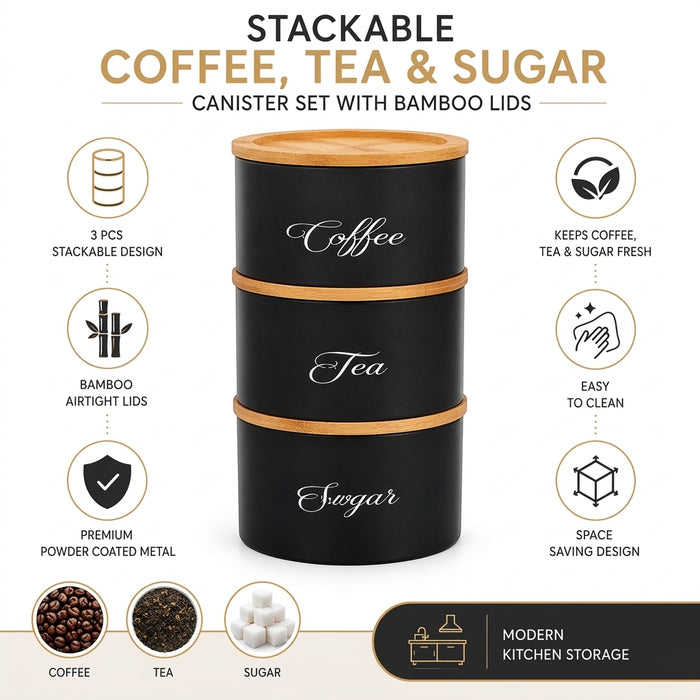 3-Piece Stackable Canister Set with Bamboo Lids — Powder-Coated Metal Kitchen Storage